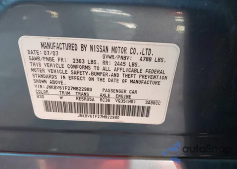 2007 Infiniti G35X from USA, damaged, VIN JNKBV61F27M822980